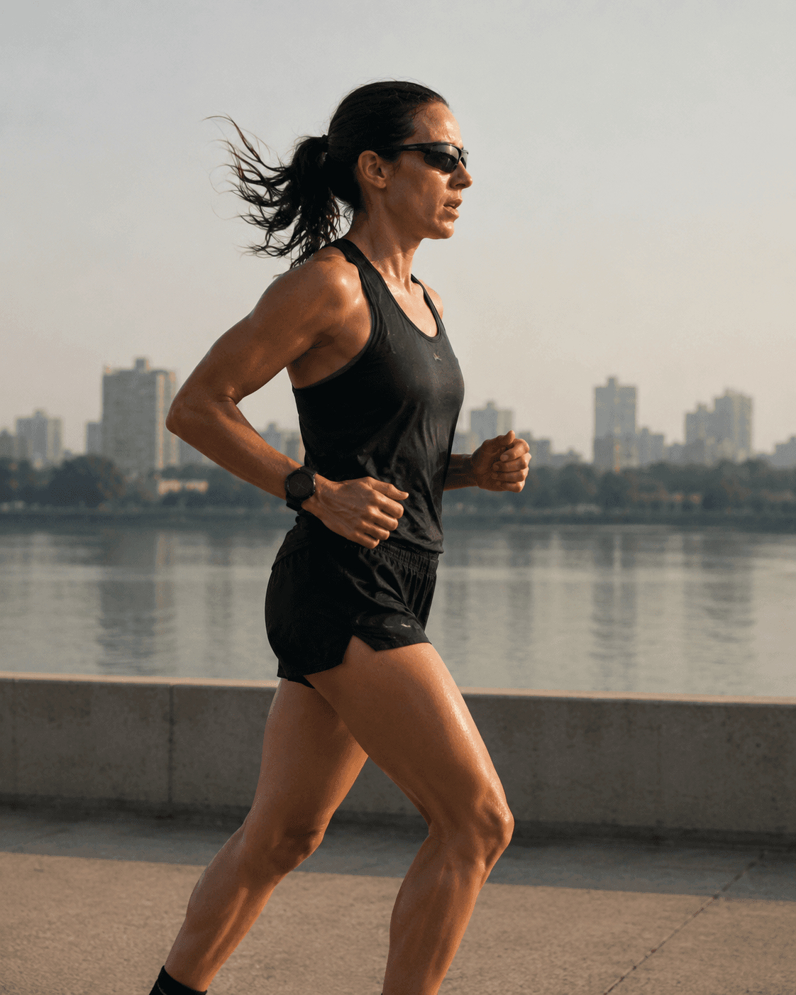 Distance runner training beside a city waterfront
