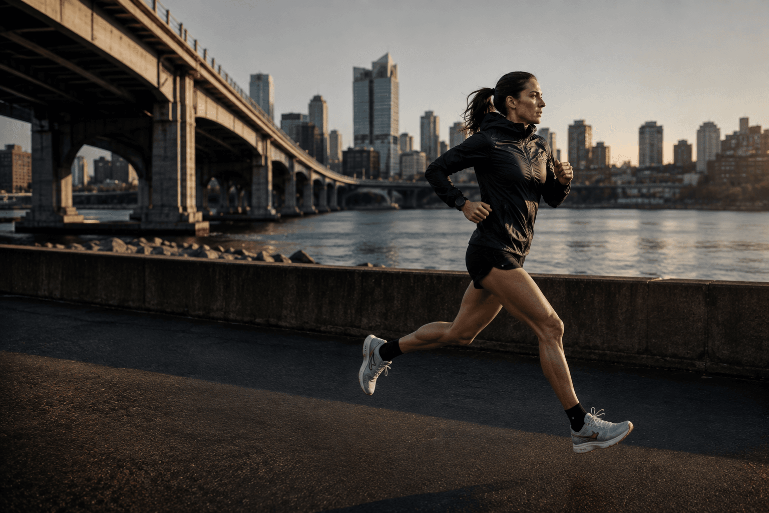 Runner training beside the city waterfront